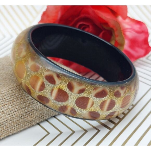 Vintage Clear Lucite Foil Back Chunky Bangle Bracelet Brown Gold Spoted Design - Picture 1 of 7